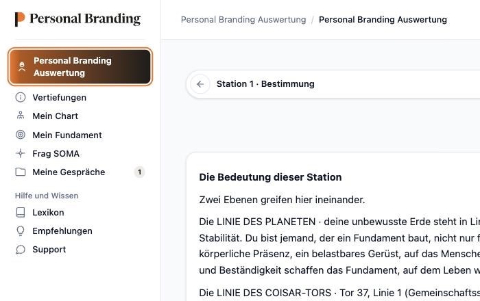 Ausschnitt der Plattform · das Menü mit Auswertung, Vertiefungen, Mein Chart, Mein Fundament, Frag SOMA und Meine Gespräche