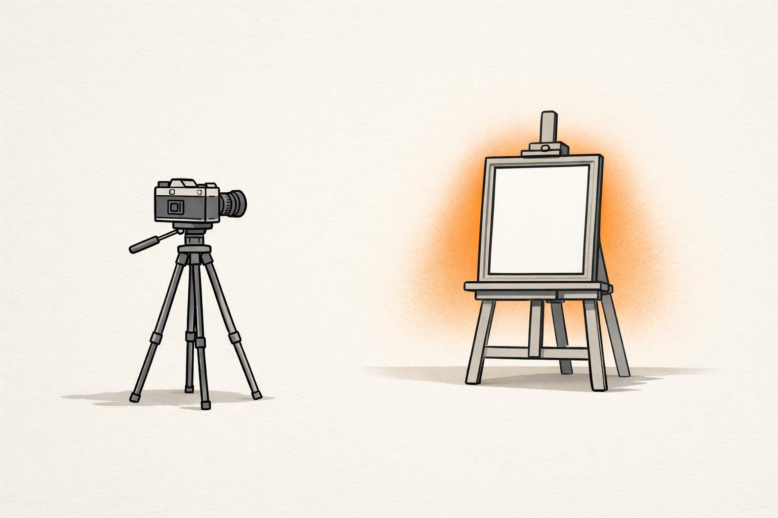 Gezeichnete Illustration einer Kamera auf einem Stativ, die auf eine leere Leinwand auf einer Staffelei gerichtet ist, die von orangefarbenem Licht umgeben ist