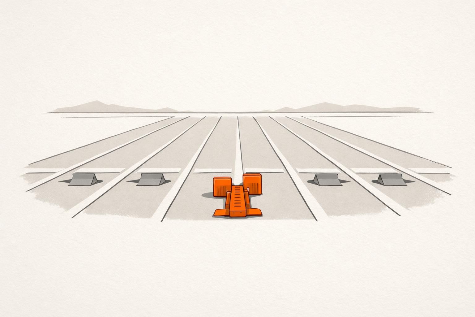 Illustration von sieben Laufbahnen auf hellem Grund, auf der mittleren Bahn steht ein leuchtend orangefarbener Startblock, auf den anderen graue, als Bild dafür, jetzt mit Personal Branding zu starten.