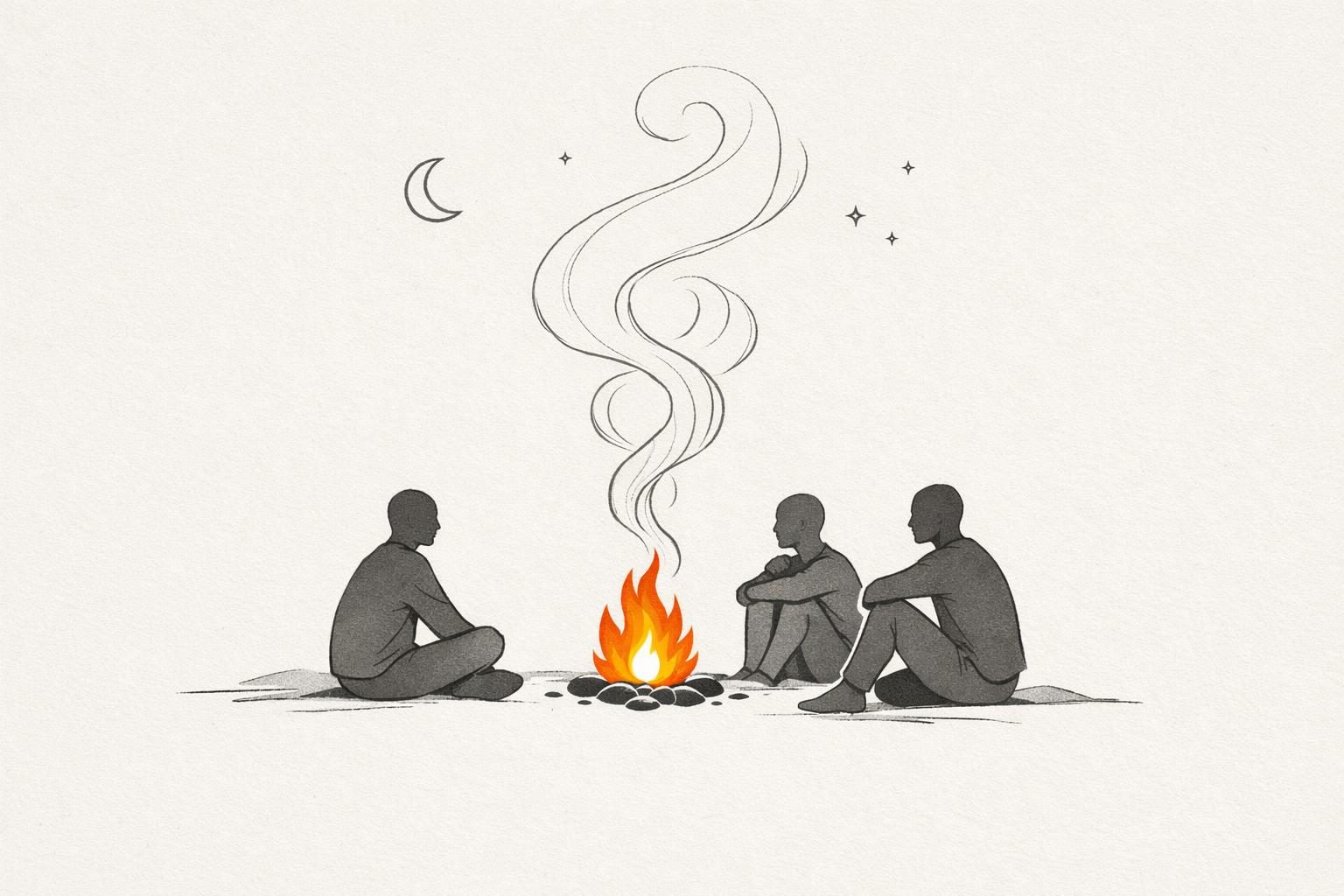 Gezeichnete Illustration: Drei Menschen sitzen nachts an einem Lagerfeuer und hören einander zu, über dem Feuer steigt geschwungener Rauch auf, daneben Mond und Sterne.