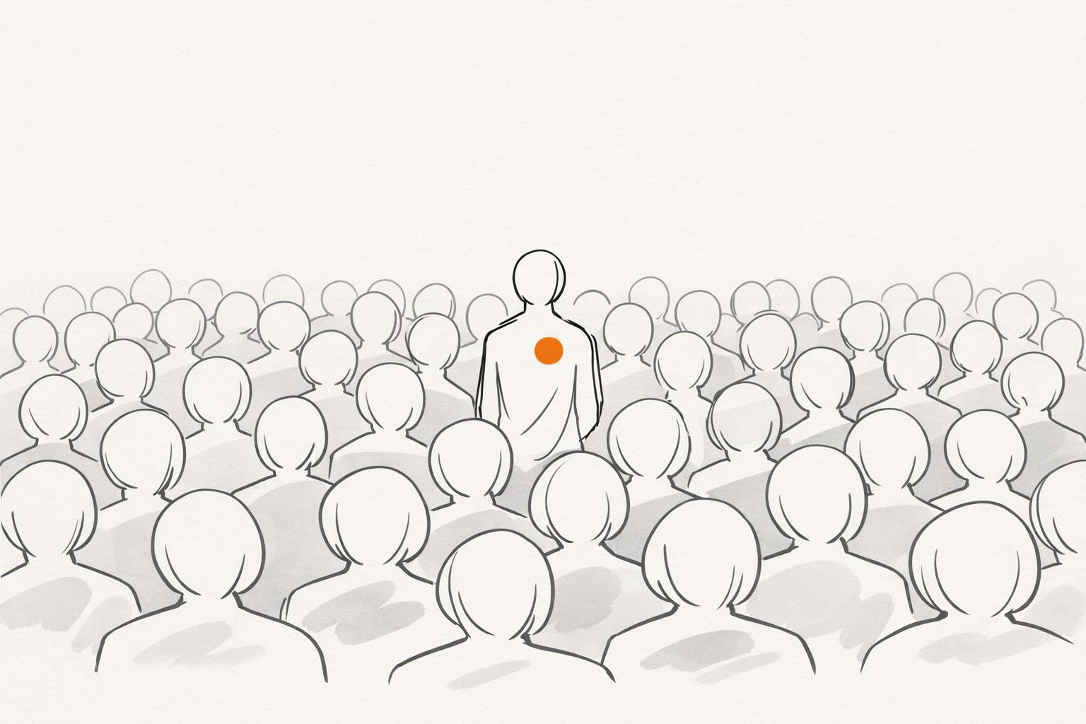 Illustration · Viele gesichtslose Figuren aus feinen grauen Linien stehen dicht in einer Menge, eine einzige Figur in der Mitte ist aus einer anderen, geschwungenen Linie gezeichnet und trägt einen orangen Punkt, als Bild für das Alleinstellungsmerkmal einer Personenmarke.