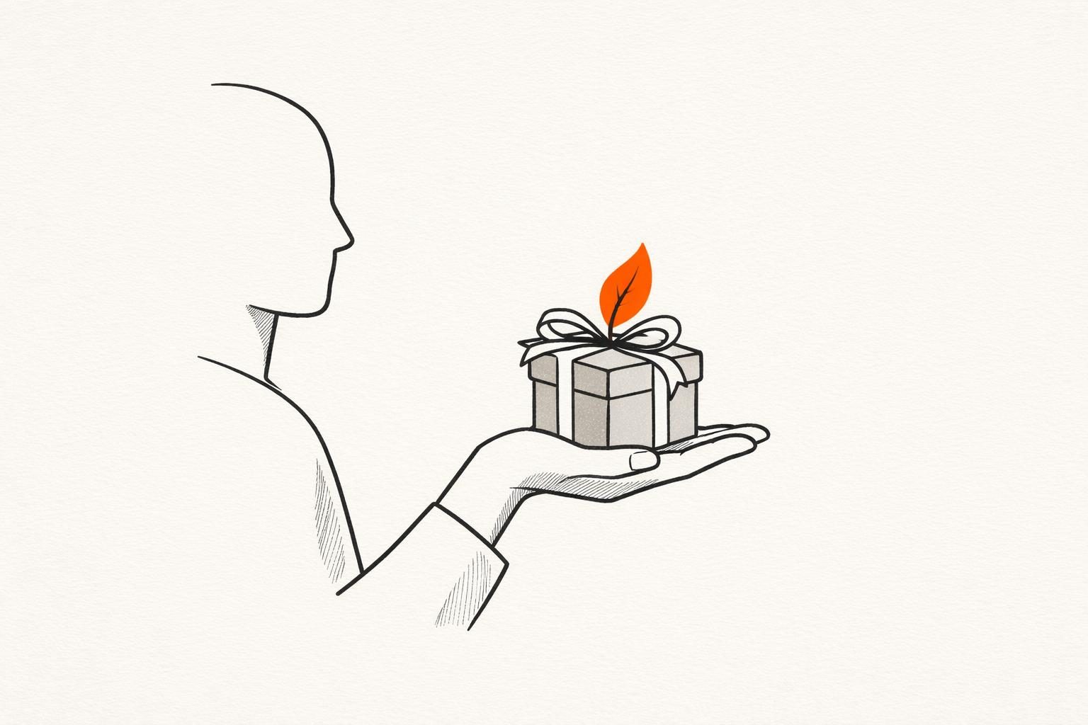 Illustration · eine gesichtslose Figur hält eine offene Hand ausgestreckt, darauf liegt eine kleine schlichte Geschenkschachtel mit lockerer Schleife, aus der ein einzelnes orangefarbenes Blatt wie eine kleine Flamme aufsteigt
