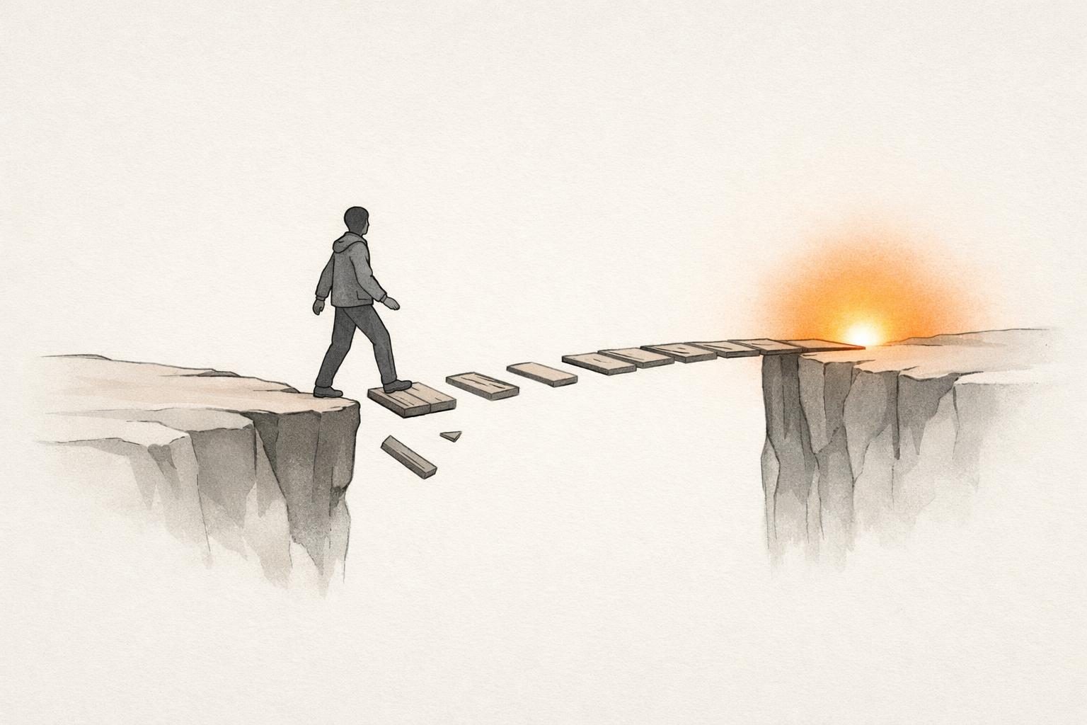 Gezeichnete Person tritt von einer Klippe auf eine Brücke aus losen Holzbrettern, auf der anderen Seite leuchtet eine orangefarbene Sonne, als Bild für Mut zur Sichtbarkeit
