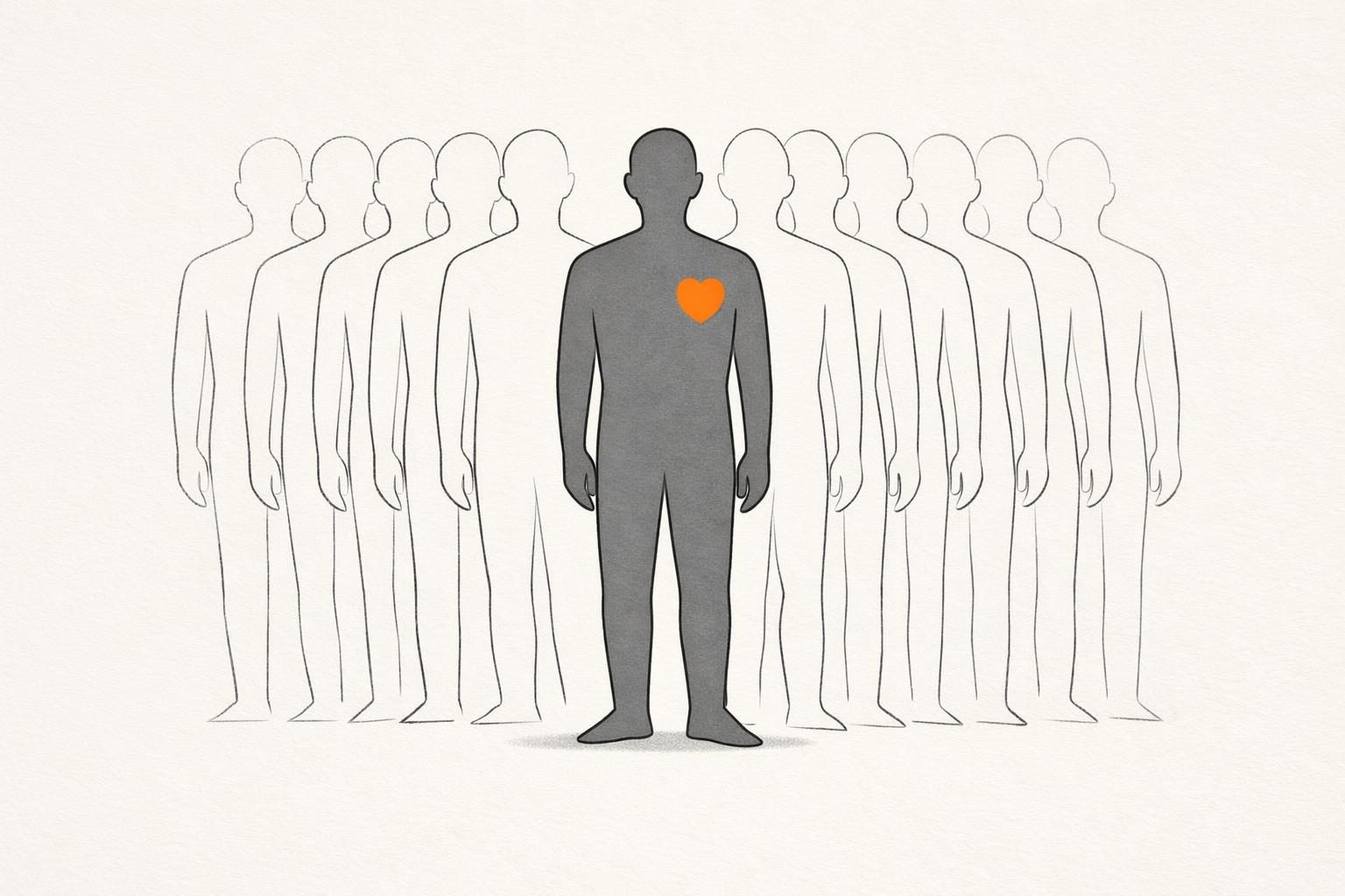 Illustration · eine gesichtslose Figur steht vor einer Wand aus identischen Spiegelbildern, nur die Figur selbst trägt einen orangen Akzent am Herzen