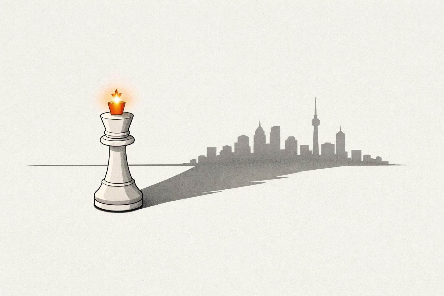Illustration: eine weiße Schachfigur mit leuchtend orangefarbener Krone wirft einen langen Schatten, der in eine Stadtsilhouette übergeht