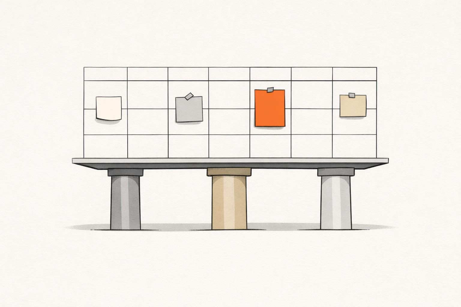 Illustration · Ein Wochenkalender aus feinen Linien mit sieben Spalten, in dreien davon kleine Karten, eine davon orange, daneben drei senkrechte Säulen, die den Kalender tragen, als Bild für den Content-Plan mit Themensäulen und Rhythmus.