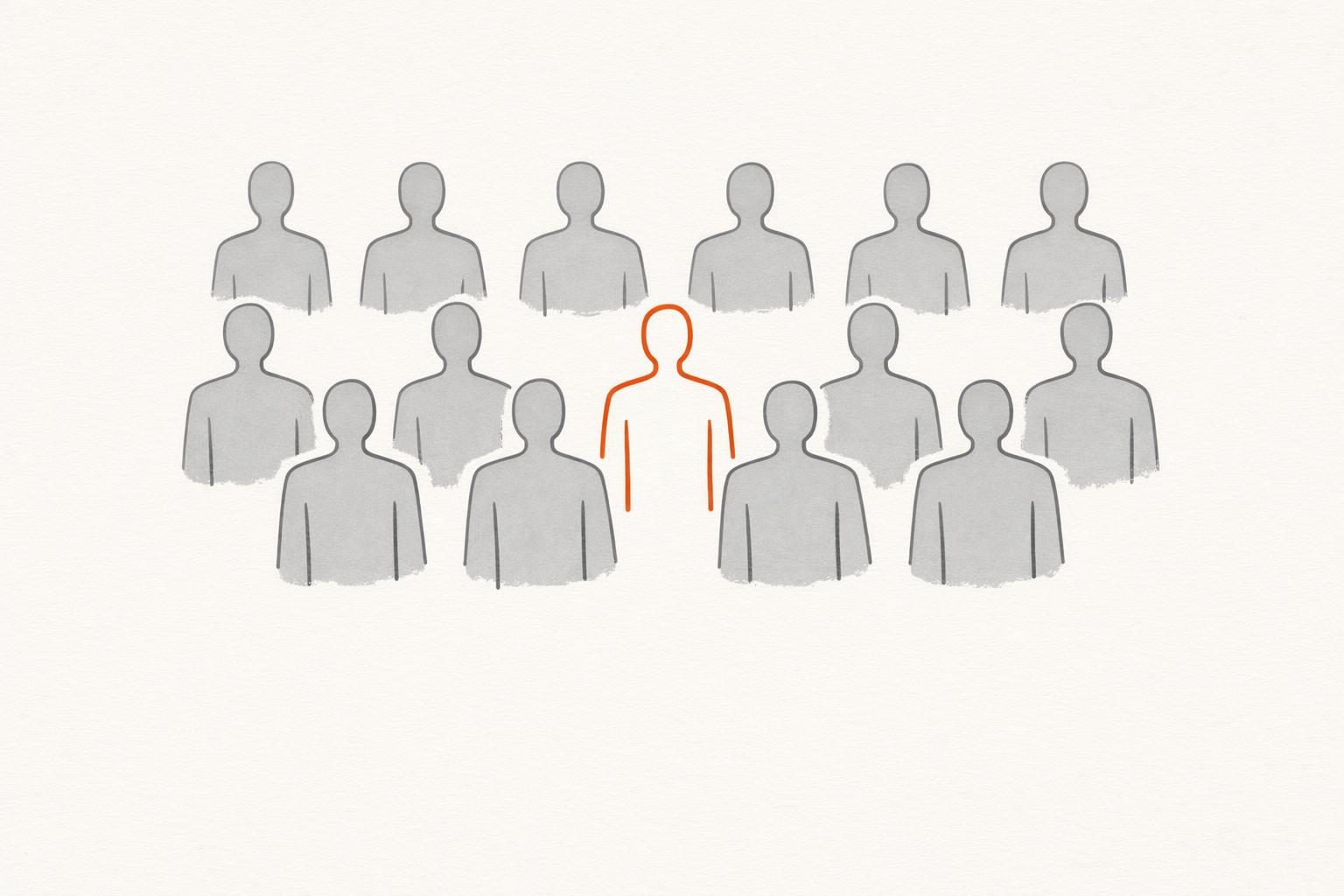 Illustration: eine Gruppe grauer, gesichtsloser Figuren, in deren Mitte eine einzelne Figur nur als orangefarbene Umrisslinie hervorsticht