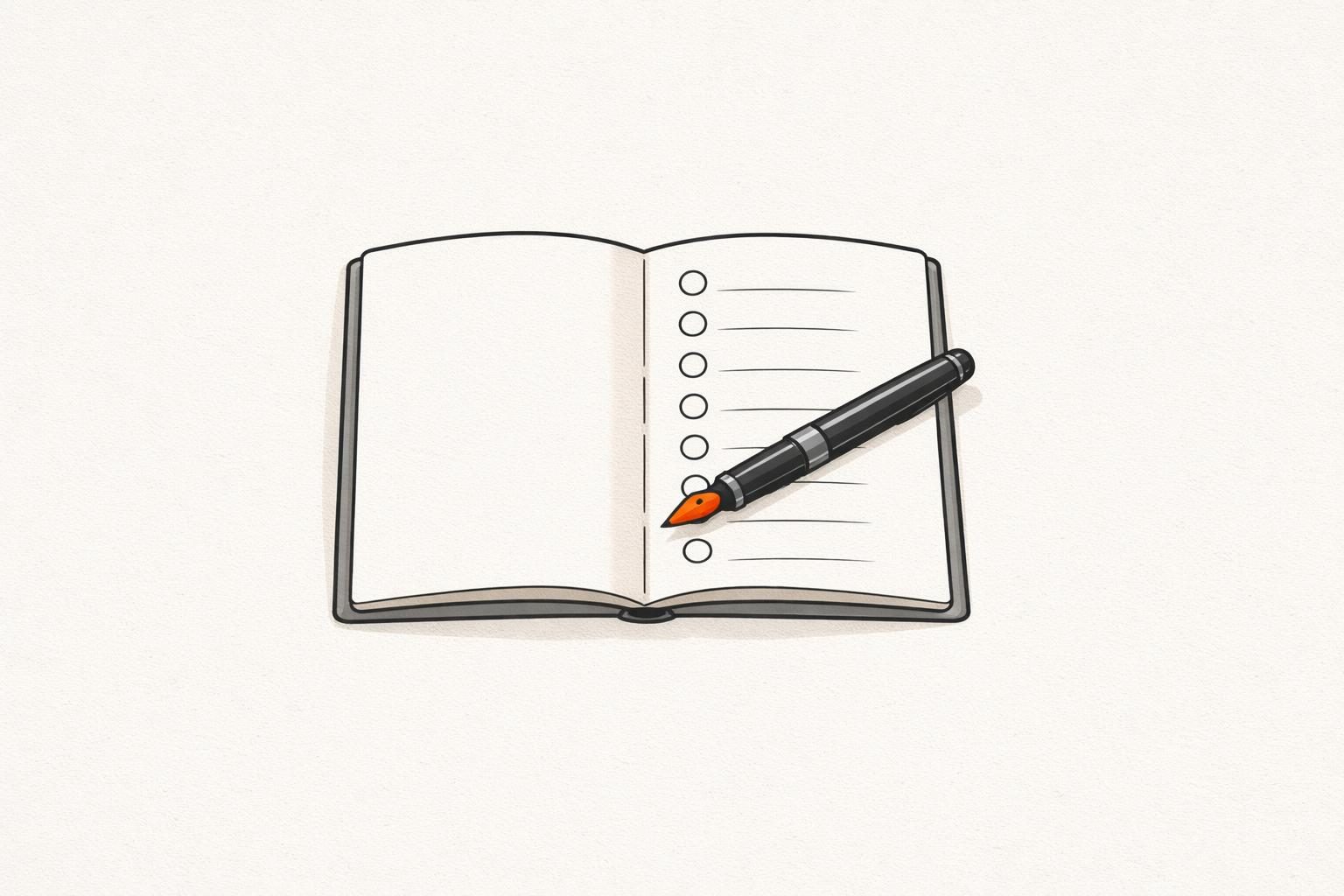 Gezeichnetes aufgeschlagenes Notizbuch mit einer Checkliste aus acht Kreisen und Linien, darauf ein schwarzer Füller mit oranger Feder