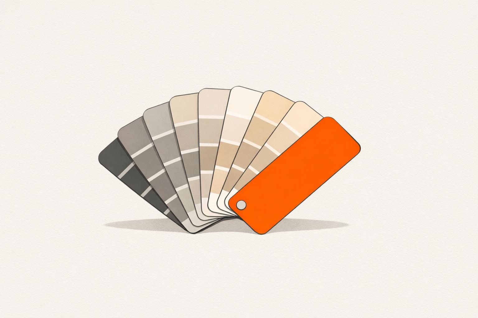 Gezeichnete Illustration eines aufgefächerten Farbmusterfächers mit Grau-, Beige- und Cremetönen, dessen vorderste Karte leuchtend orange ist