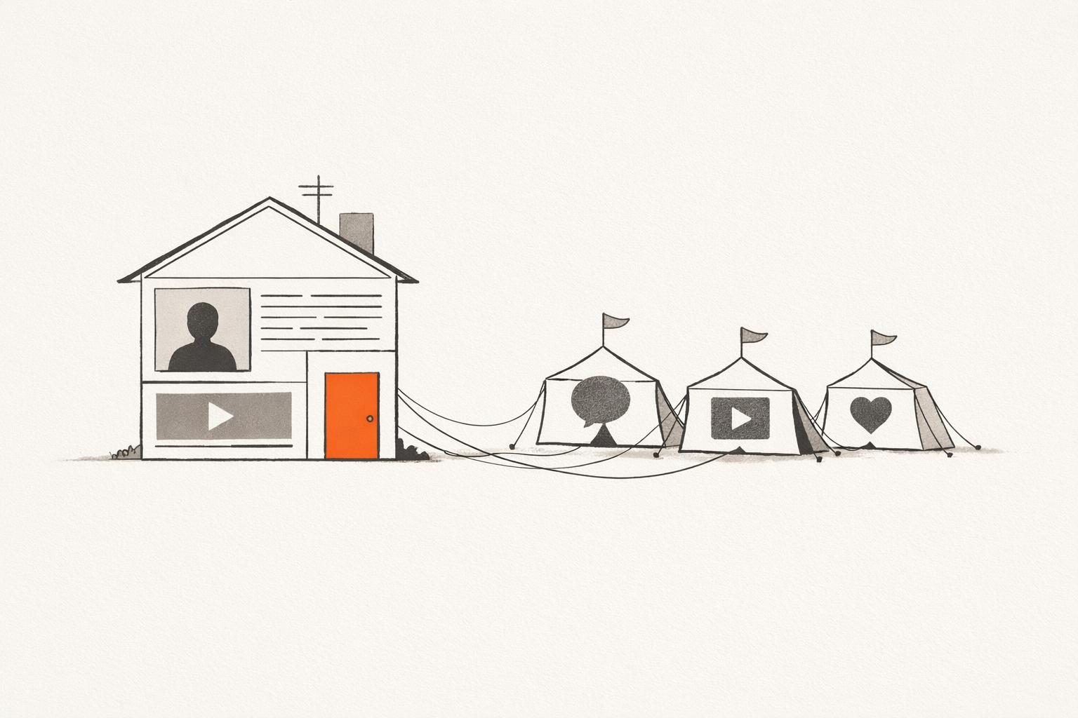 Illustration · Ein kleines Haus aus feinen Tuschelinien mit einer orangen Tür, dessen Fassade aus Website-Elementen besteht; daneben gemietete Zelte mit Plattformsymbolen, von denen Fäden zum Haus führen.