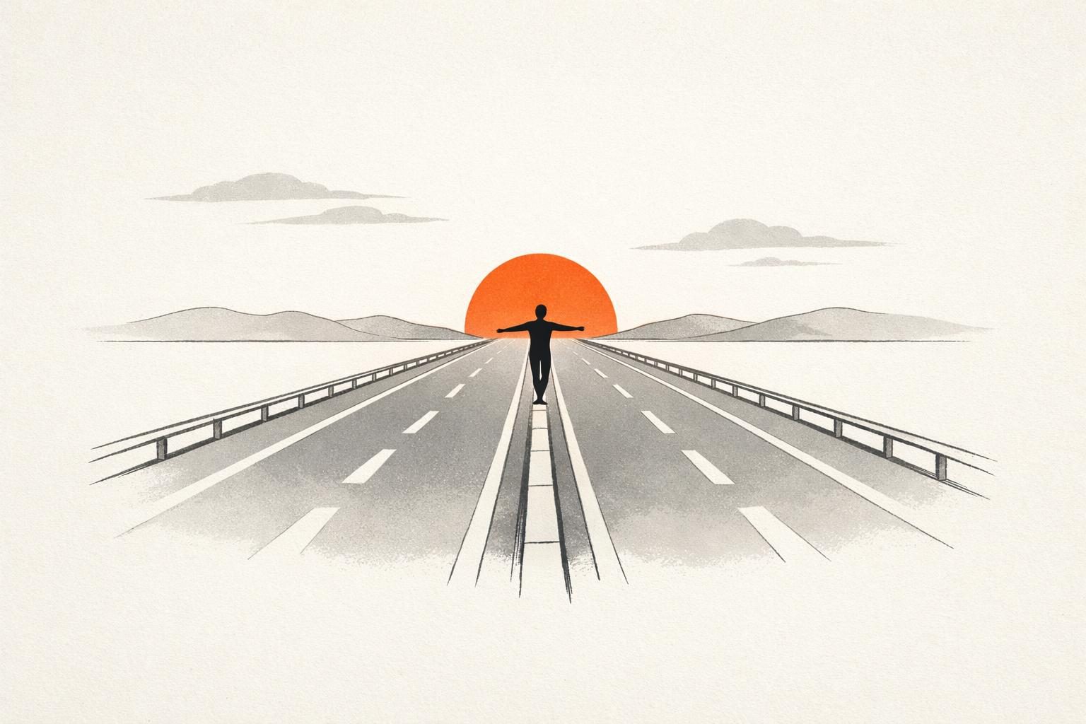Gezeichnete Illustration: Eine Figur steht mit ausgebreiteten Armen auf dem Mittelstreifen einer leeren, mehrspurigen Straße, dahinter geht eine große orange Sonne zwischen sanften Hügeln unter.