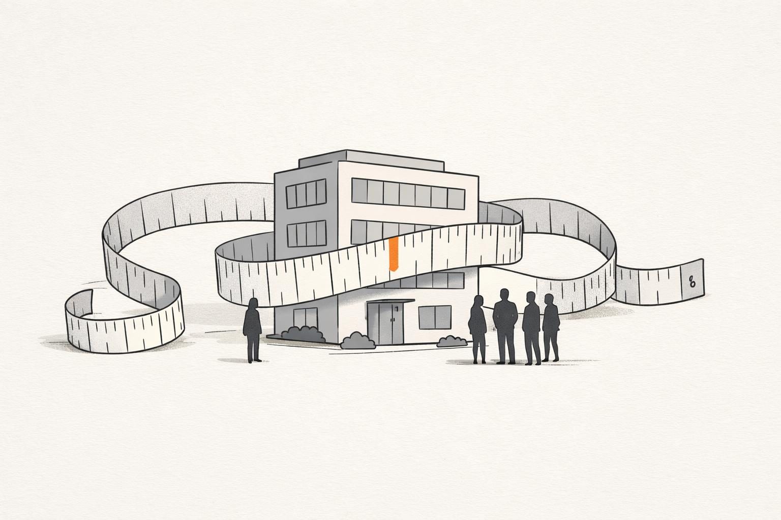Illustration · Ein Messband aus feinen Linien, das sich um ein kleines Gebäude mit mehreren gesichtslosen Figuren davor legt, eine Markierung auf dem Band ist orange, als Bild für das Messen einer Arbeitgebermarke.