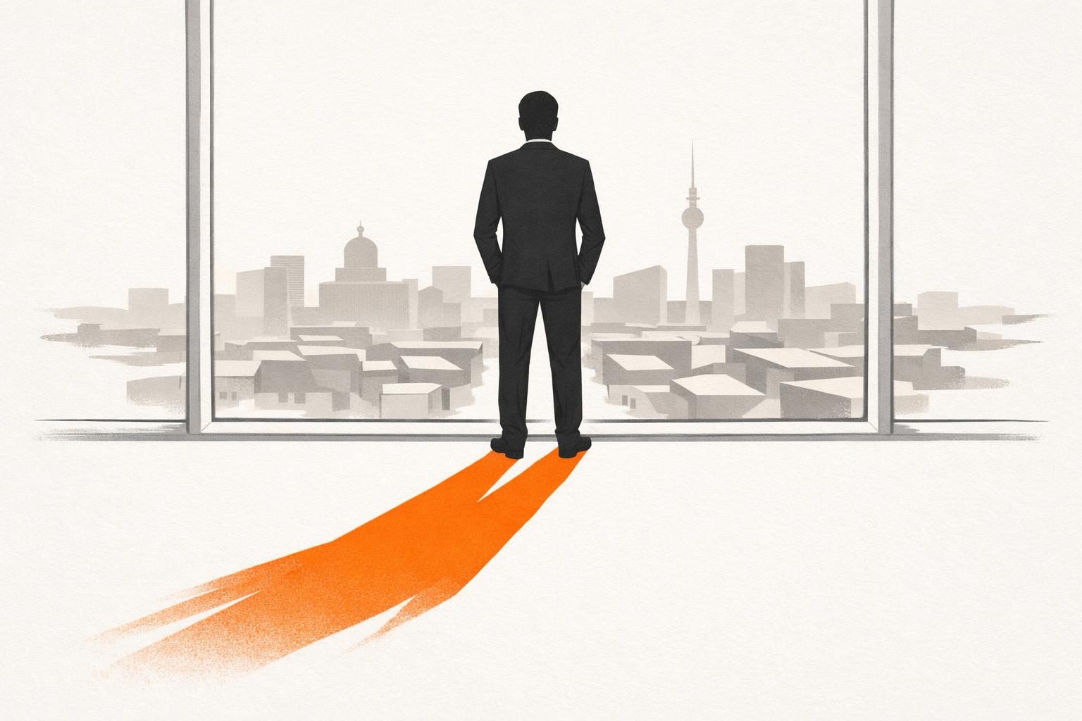Illustration · Eine gesichtslose Silhouette im Anzug steht an einem großen Fenster über einer Stadt, ihr Schatten fällt als orangefarbene Fläche über die Dächer, als Bild für die Reichweite, die der Ruf einer Spitzenführungskraft über das Unternehmen hinaus hat.