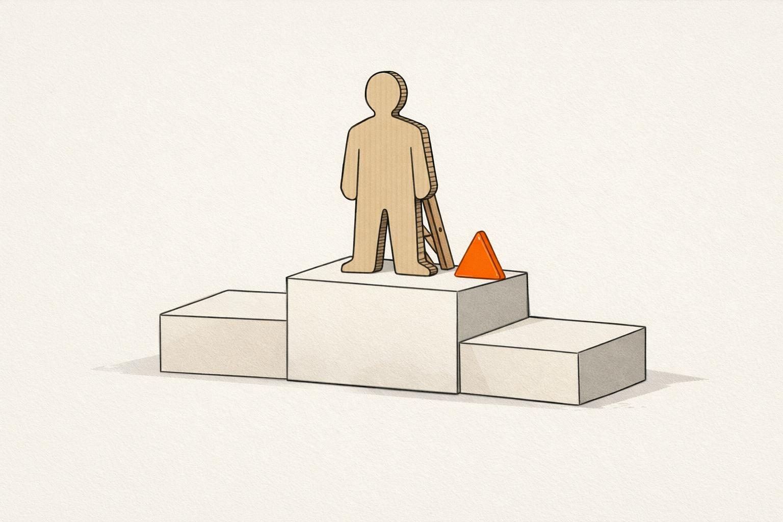 Gezeichnetes Siegerpodest, auf dem obersten Platz steht eine Pappfigur, an die eine kleine Leiter gelehnt ist, daneben ein orangefarbenes Warndreieck