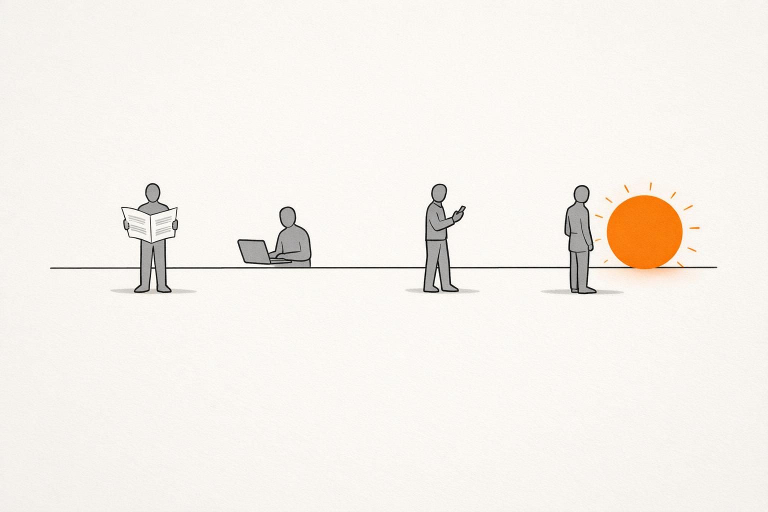 Illustration · Ein langer Zeitstrahl aus feinen Linien, auf dem gesichtslose Figuren in verschiedenen Epochen stehen: eine mit Zeitung, eine mit Laptop, eine mit Smartphone, und ganz rechts eine Figur neben einem leuchtend orangen, sprechenden Kreis als Bild für die KI-Suche.
