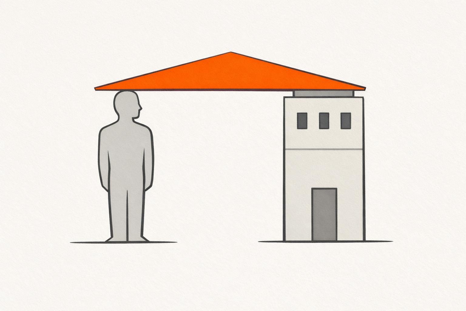 Illustration · Zwei Säulen tragen gemeinsam ein Dach: die linke Säule ist eine gesichtslose menschliche Silhouette, die rechte ein schlichtes Gebäude, zwischen ihnen verläuft ein orangefarbener Balken, als Bild für die Frage, ob die Gründerin das Unternehmen trägt oder das Unternehmen die Gründerin.