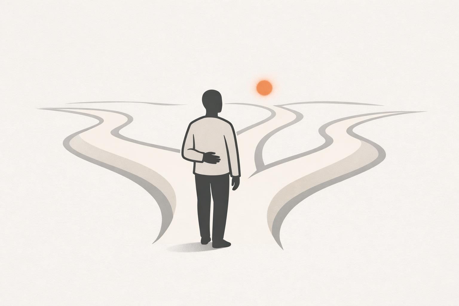 Illustration · eine gesichtslose Figur steht an einer Weggabelung mit mehreren Pfaden, ihre Hand liegt auf dem Bauch, über einem der Wege leuchtet ein oranger Punkt