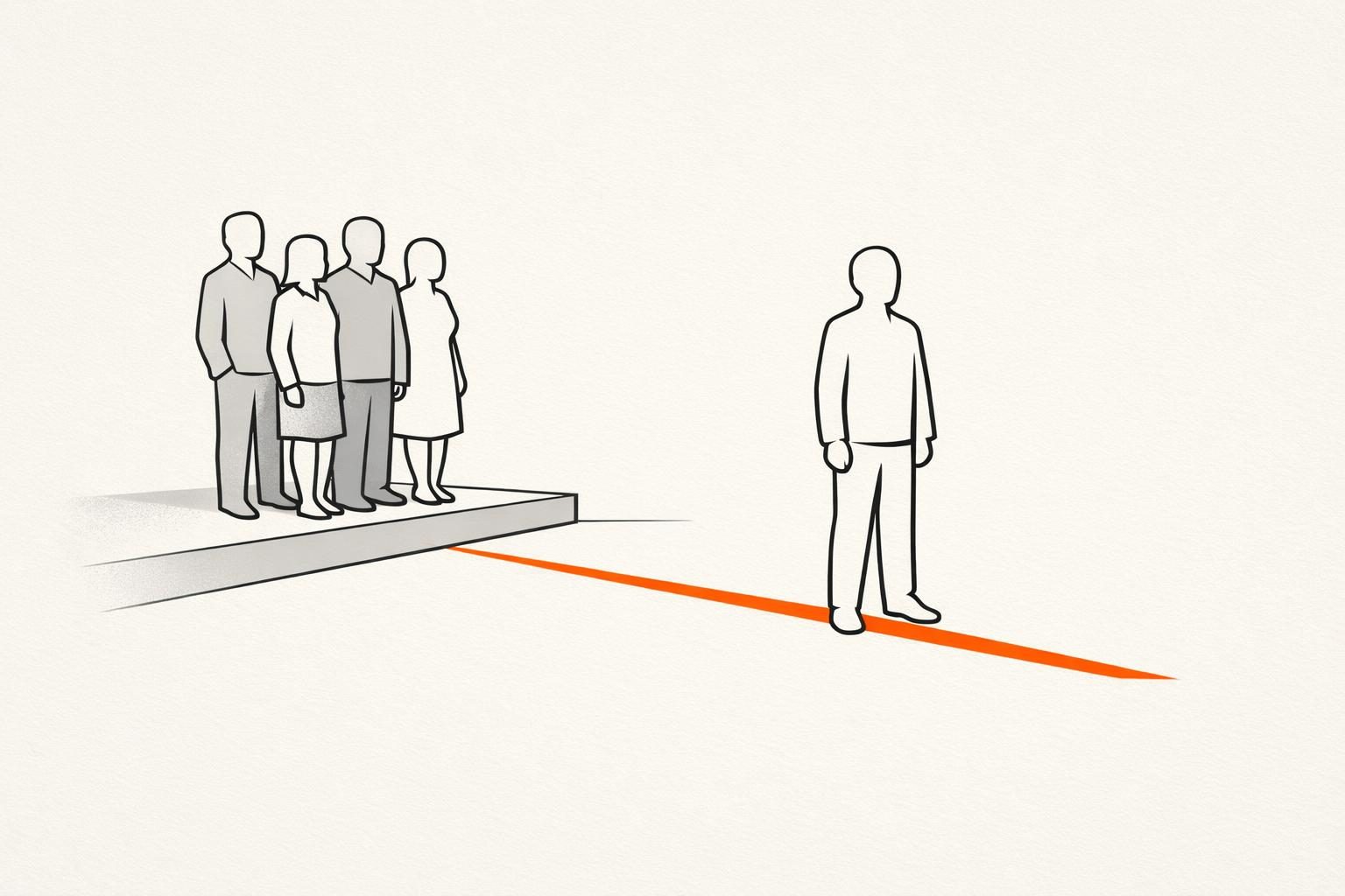 Illustration · eine gesichtslose Figur steht etwas vor einer kleinen Gruppe weiterer Figuren auf einer breiten flachen Stufe, von ihr führt eine dünne orangefarbene Linie wie ein Weg über den Boden nach vorn