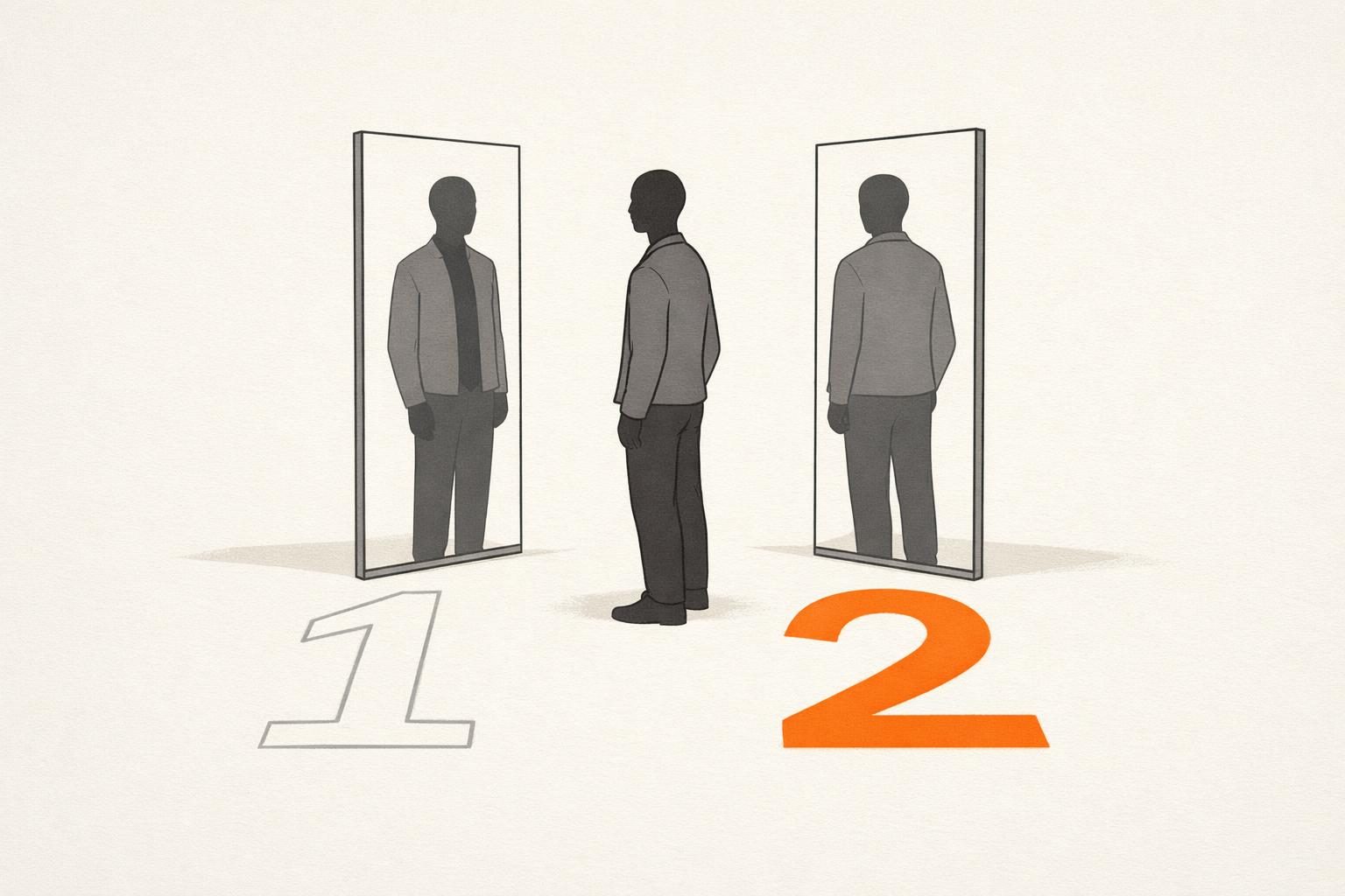 Illustration · eine gesichtslose Figur steht vor zwei Spiegeln, einer zeigt sie von vorn, einer von hinten, auf dem Boden zwei große Ziffern, eine davon orange