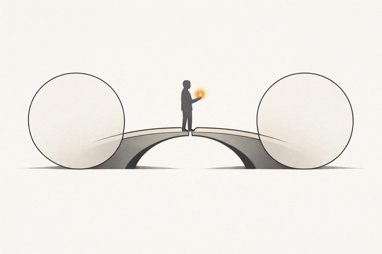 Illustration · zwei Kreise sind durch eine Brücke aus zwei Hälften verbunden, die genau in der Mitte zusammentreffen, über der Brücke hält eine gesichtslose Figur ein kleines oranges Licht