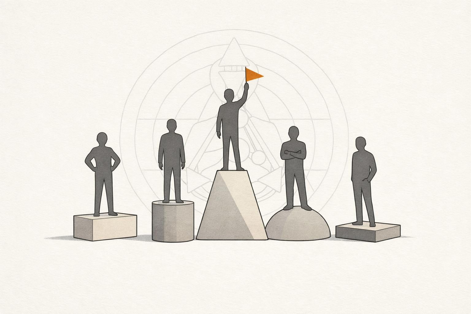 Illustration · fünf gesichtslose Figuren stehen auf fünf verschiedenen Podesten in unterschiedlicher Höhe und Form, eine davon hebt eine orange Fahne, im Hintergrund die Ringe eines Human Design Charts