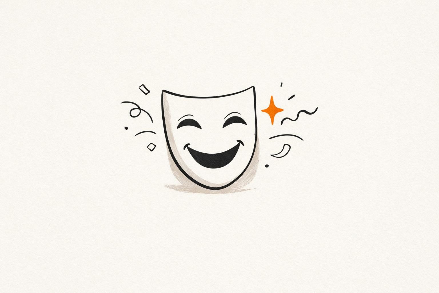 Gezeichnete Illustration: eine lachende weiße Theatermaske mit geschlossenen Augen, umgeben von verspielten Linien, Konfetti und einem orangen Funkeln.
