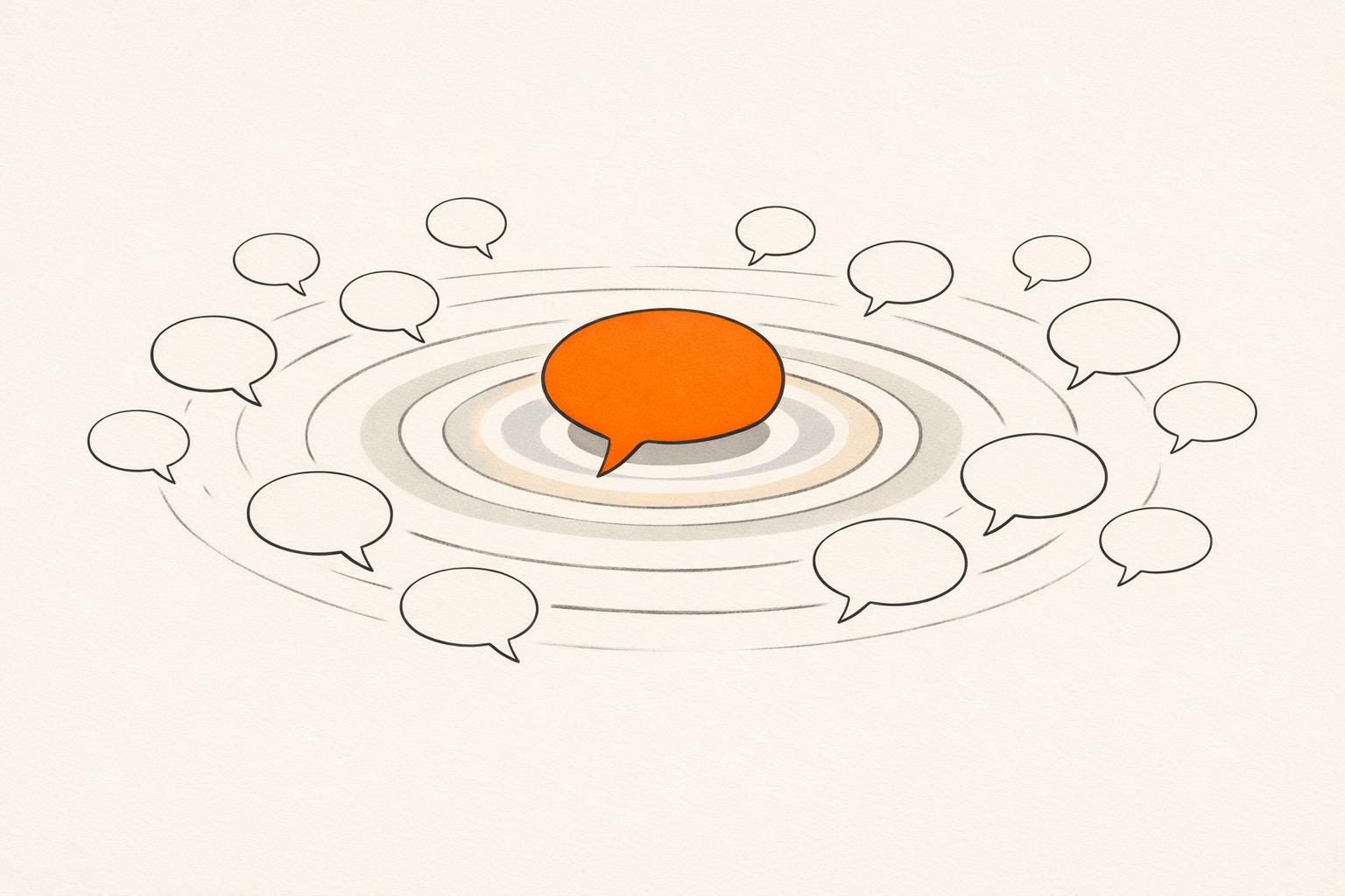 Gezeichnete orange Sprechblase in der Mitte, um die sich Kreise wie Wellen ausbreiten und viele weiße Sprechblasen anordnen