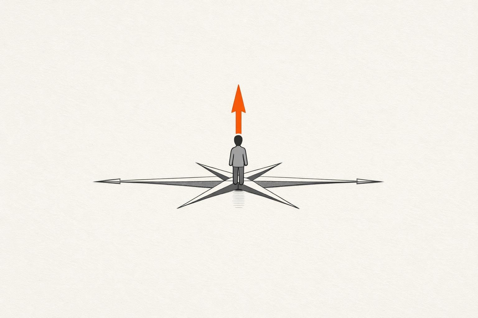 Illustration · eine Kompassrose mit vier schlanken Armen liegt auf einer ruhigen Fläche, in ihrer Mitte steht eine kleine gesichtslose Figur, nur der nach oben zeigende Arm ist orange gefüllt