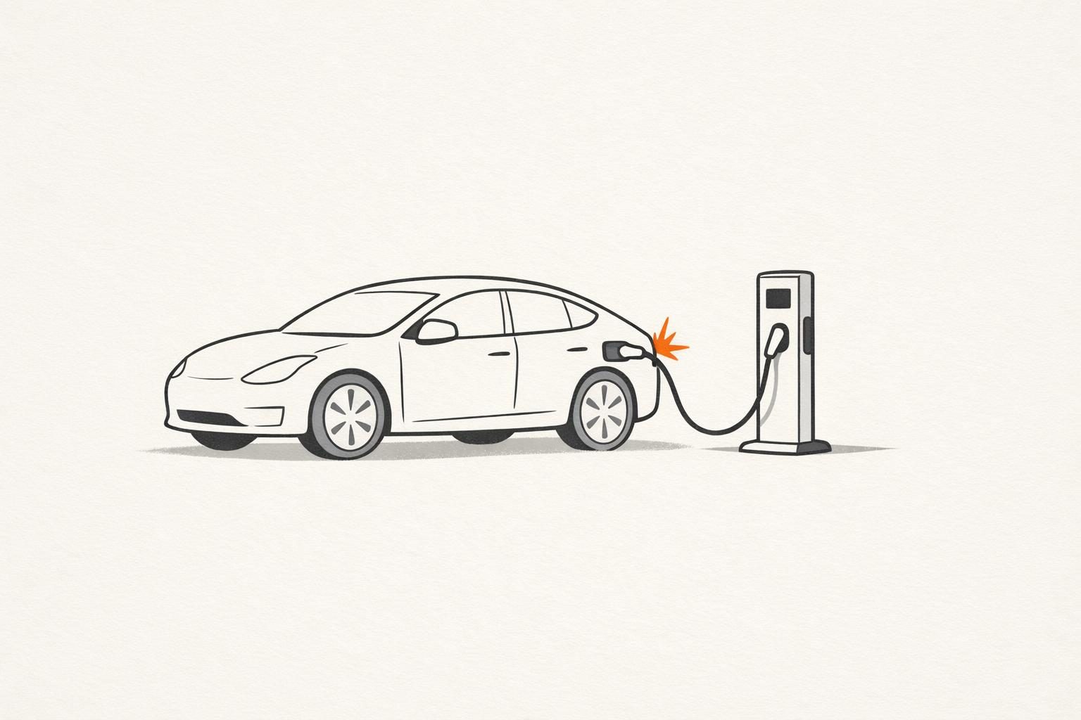 Illustration: ein Elektroauto im Seitenprofil lädt an einer Ladesäule, am Stecker ein kleiner orangefarbener Funke