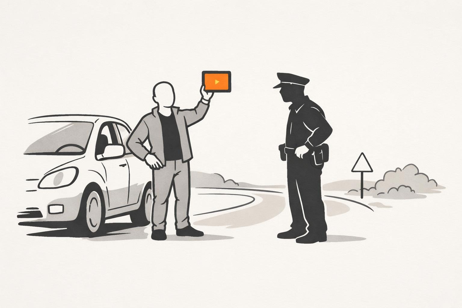 Illustration: Ein Mann steht neben seinem Auto und hält einem Polizisten lächelnd ein Tablet mit einem orangen Bildschirm entgegen.