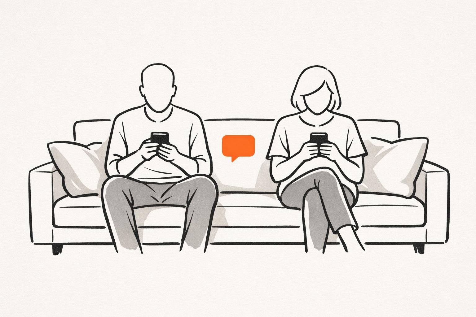 Illustration: Ein Mann und eine Frau sitzen nebeneinander auf einem Sofa und schauen beide auf ihr Smartphone, zwischen ihnen schwebt eine orange Sprechblase.