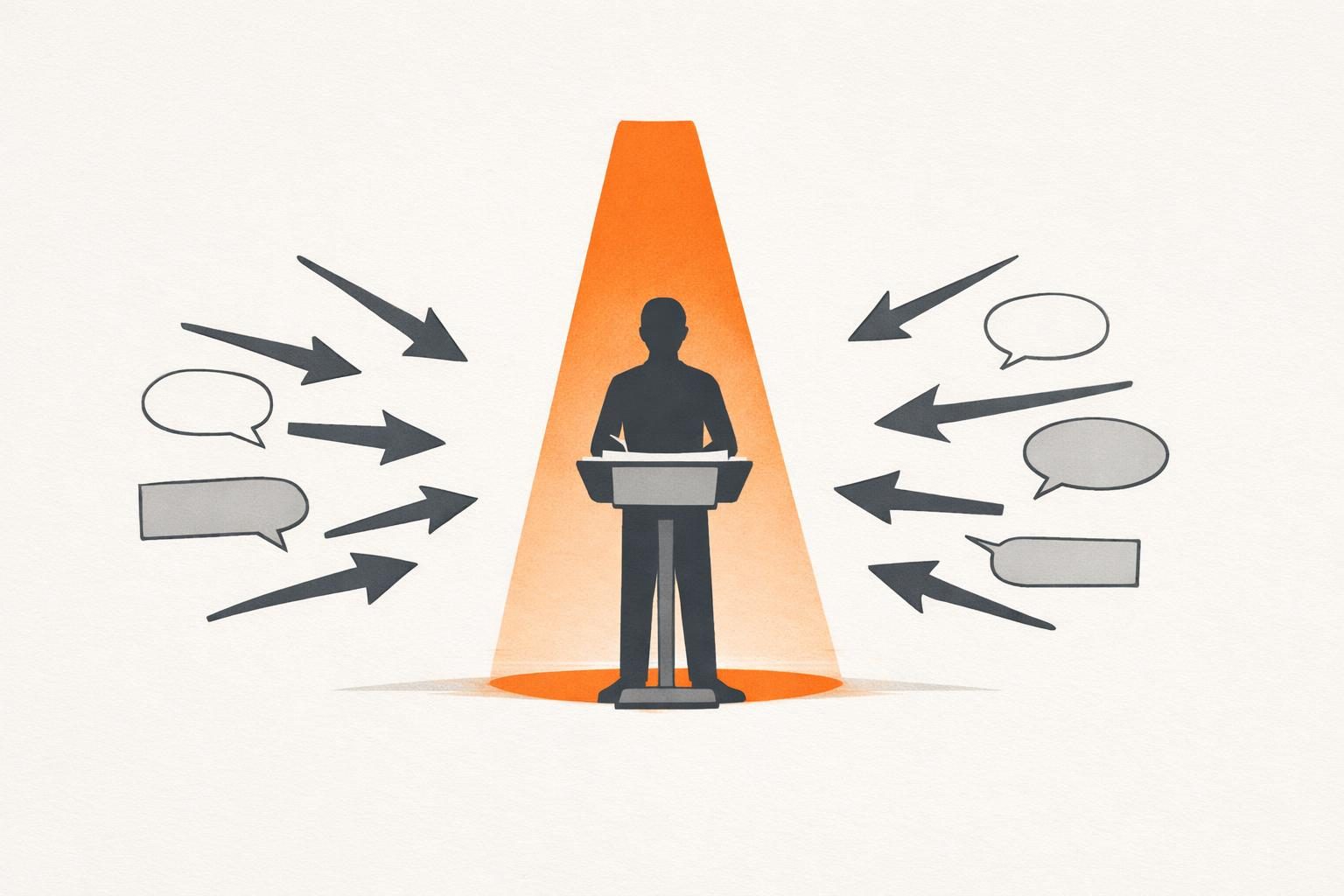 Illustration · Eine gesichtslose Silhouette steht aufrecht an einem Rednerpult, während von allen Seiten dunkle Pfeile und Sprechblasen auf sie zulaufen, ein einzelner orangefarbener Lichtkegel fällt auf das Pult, als Bild für eine Führungskraft, die in der Krise sichtbar bleibt.