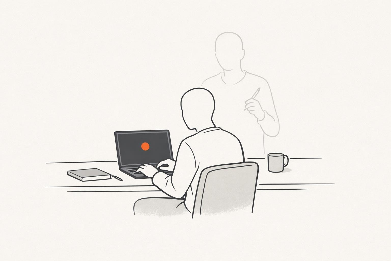 Illustration · Eine gesichtslose Figur sitzt an einem Schreibtisch und tippt, hinter ihr steht ein zweiter, nur als heller Umriss gezeichneter Schatten mit Stift, auf dem Bildschirm leuchtet ein oranger Punkt, als Bild für LinkedIn Ghostwriting, bei dem jemand anderes die Beiträge schreibt.