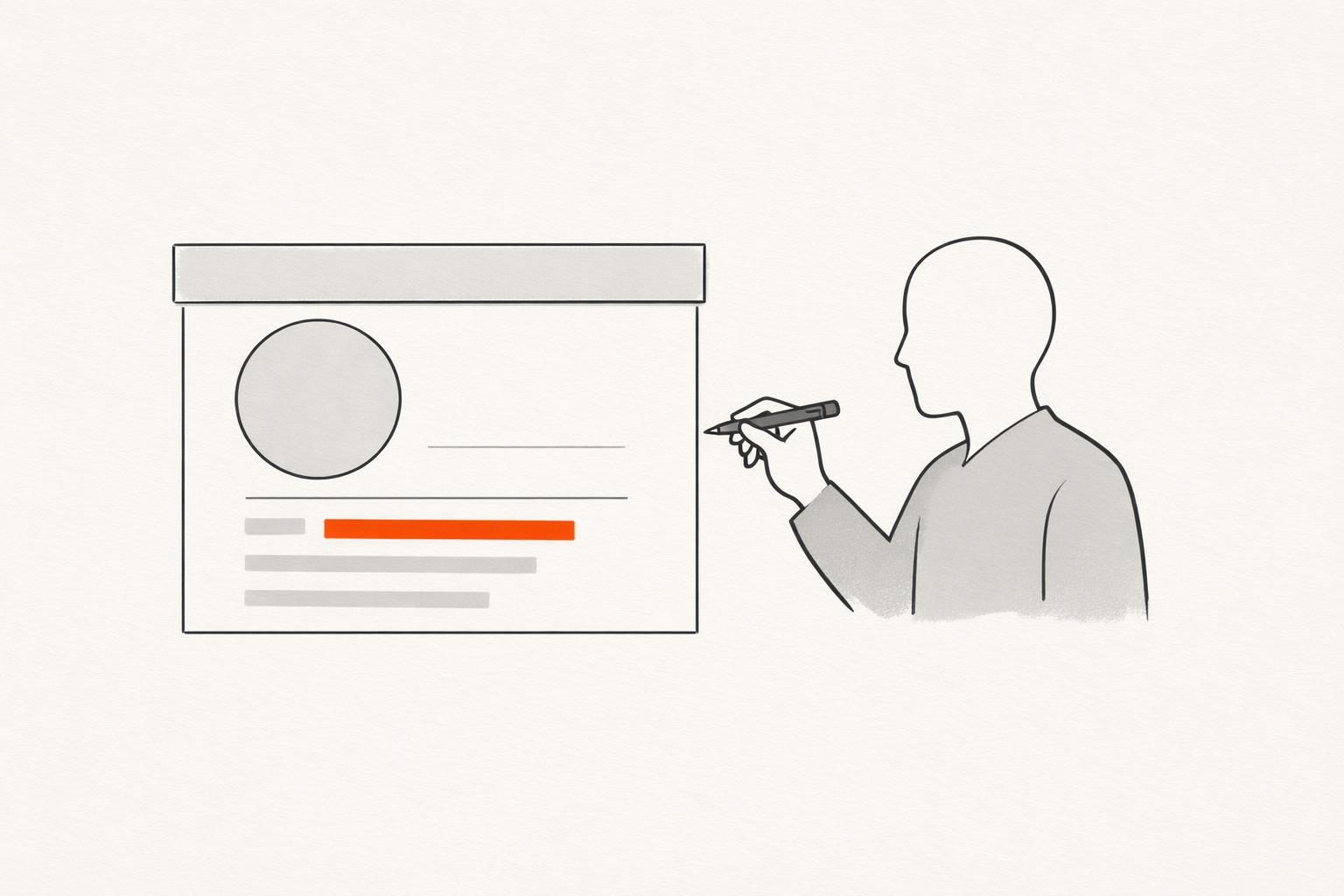 Illustration · Ein schematisches Profil auf einer Karte: ein runder Platzhalter für das Foto, ein Banner darüber, mehrere Textzeilen darunter, eine Zeile orange hervorgehoben, daneben eine gesichtslose Figur mit Stift, als Bild für das Überarbeiten des LinkedIn-Profils.