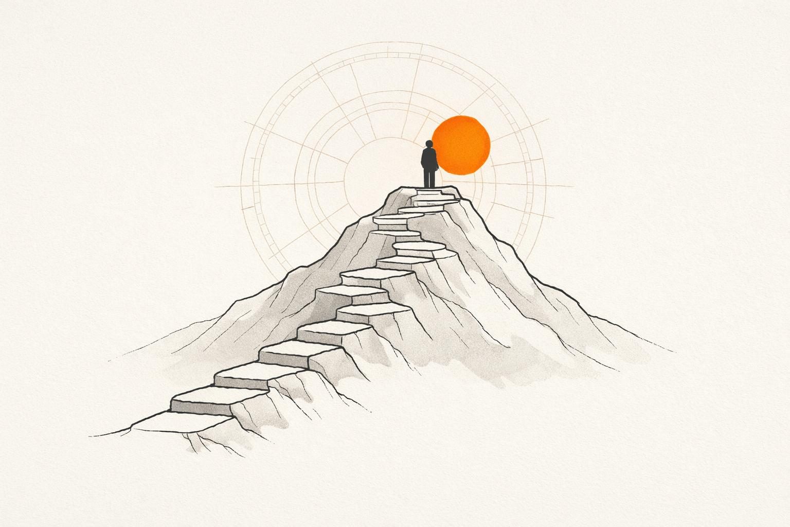 Illustration · ein Weg aus zwölf Stufen führt auf einen Berggipfel, dort steht eine Figur neben einer orangen Sonne, dahinter die Ringe eines Human Design Charts