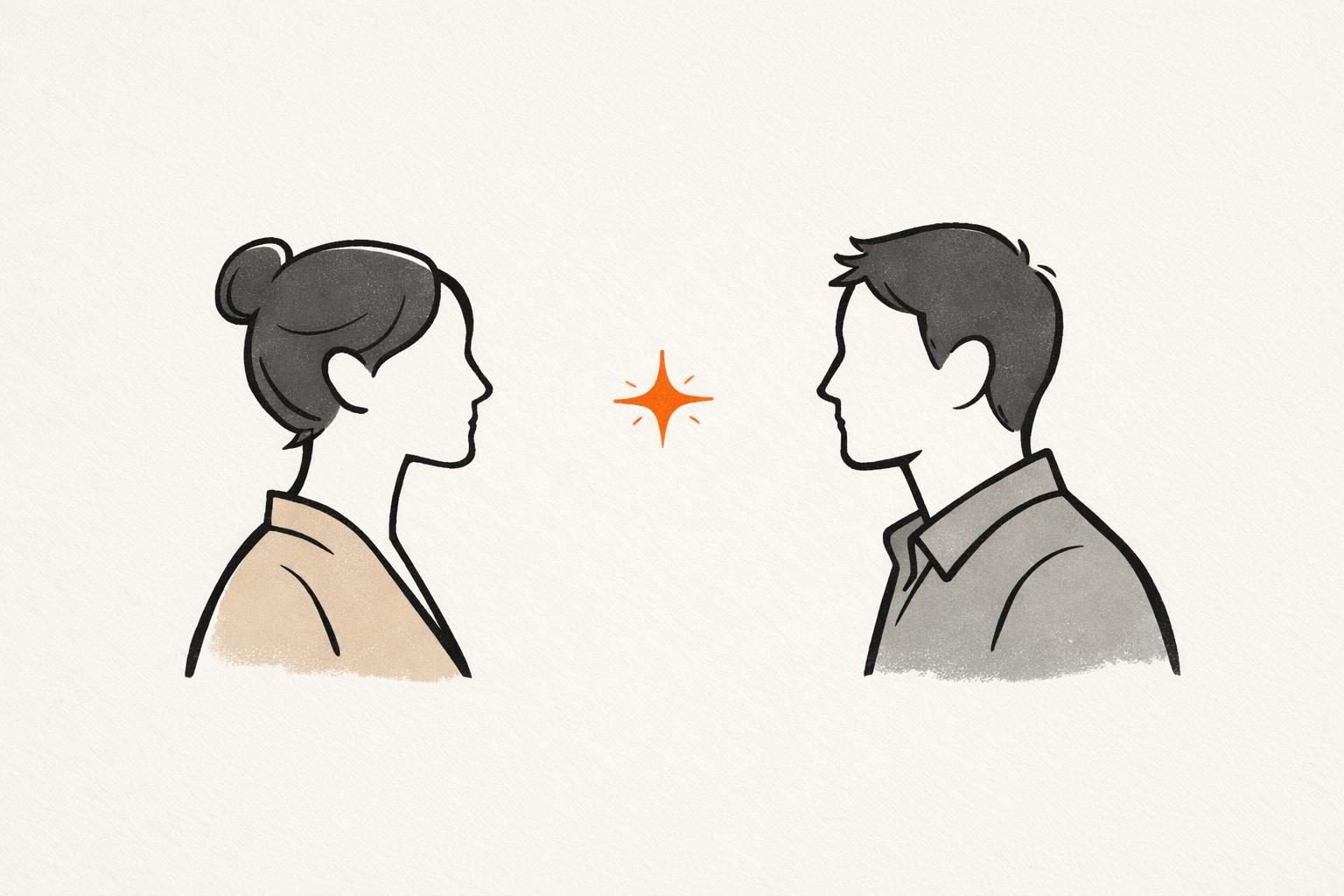 Illustration: eine Frau und ein Mann im Profil blicken einander an, zwischen ihnen leuchtet ein kleiner orangefarbener Stern