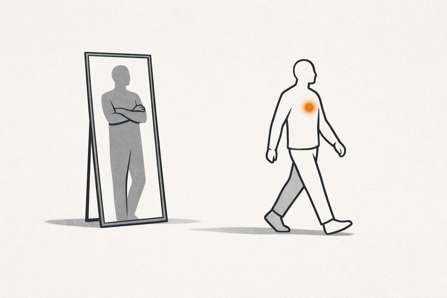 Illustration · eine gesichtslose Figur geht von einem hohen Standspiegel weg, das zurückbleibende Spiegelbild steht in einer anderen, steifen Haltung mit verschränkten Armen in Grau, auf der Brust der echten Figur leuchtet ein kleiner orangefarbener Punkt