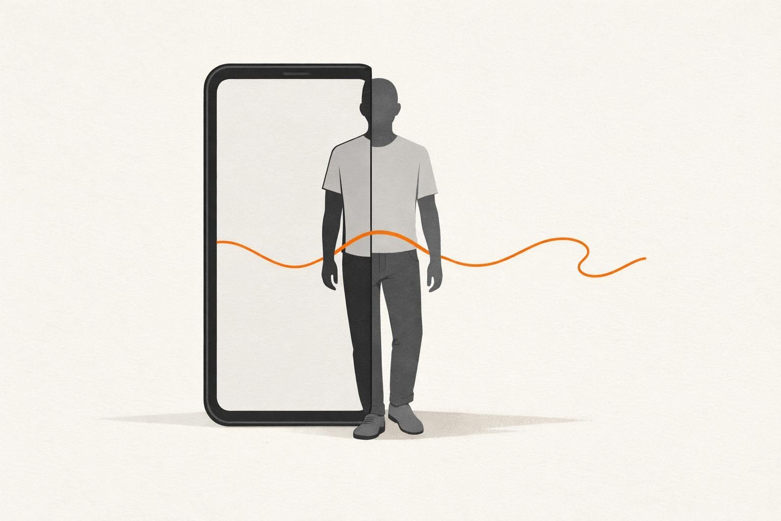 Gezeichnete Illustration eines Mannes ohne Gesicht, der halb aus einem großen Smartphone-Bildschirm heraustritt, eine Körperhälfte im Bildschirm, die andere davor, verbunden durch eine geschwungene orangefarbene Linie