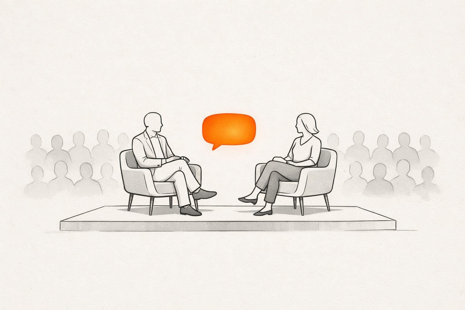 Illustration · Zwei gesichtslose Figuren sitzen sich in schlichten Sesseln aus feinen Linien gegenüber, zwischen ihnen schwebt eine orange leuchtende Sprechblase, dahinter die angedeuteten Reihen eines Studiopublikums, als Bild für die Personal Brand von Oprah Winfrey, die auf Zuhören gebaut ist.