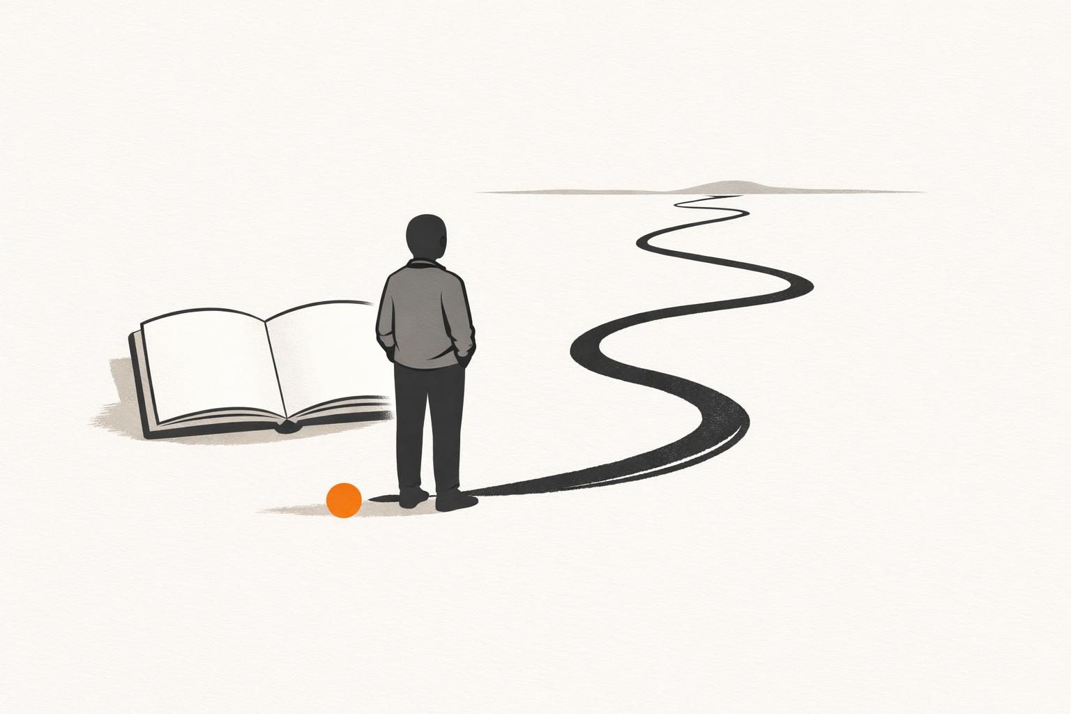 Illustration · Eine gesichtslose Figur steht am Anfang eines gezeichneten Weges, der sich aus einem einzigen orangefarbenen Punkt heraus in die Tiefe schlängelt, hinter ihr eine aufgeschlagene leere Seite.