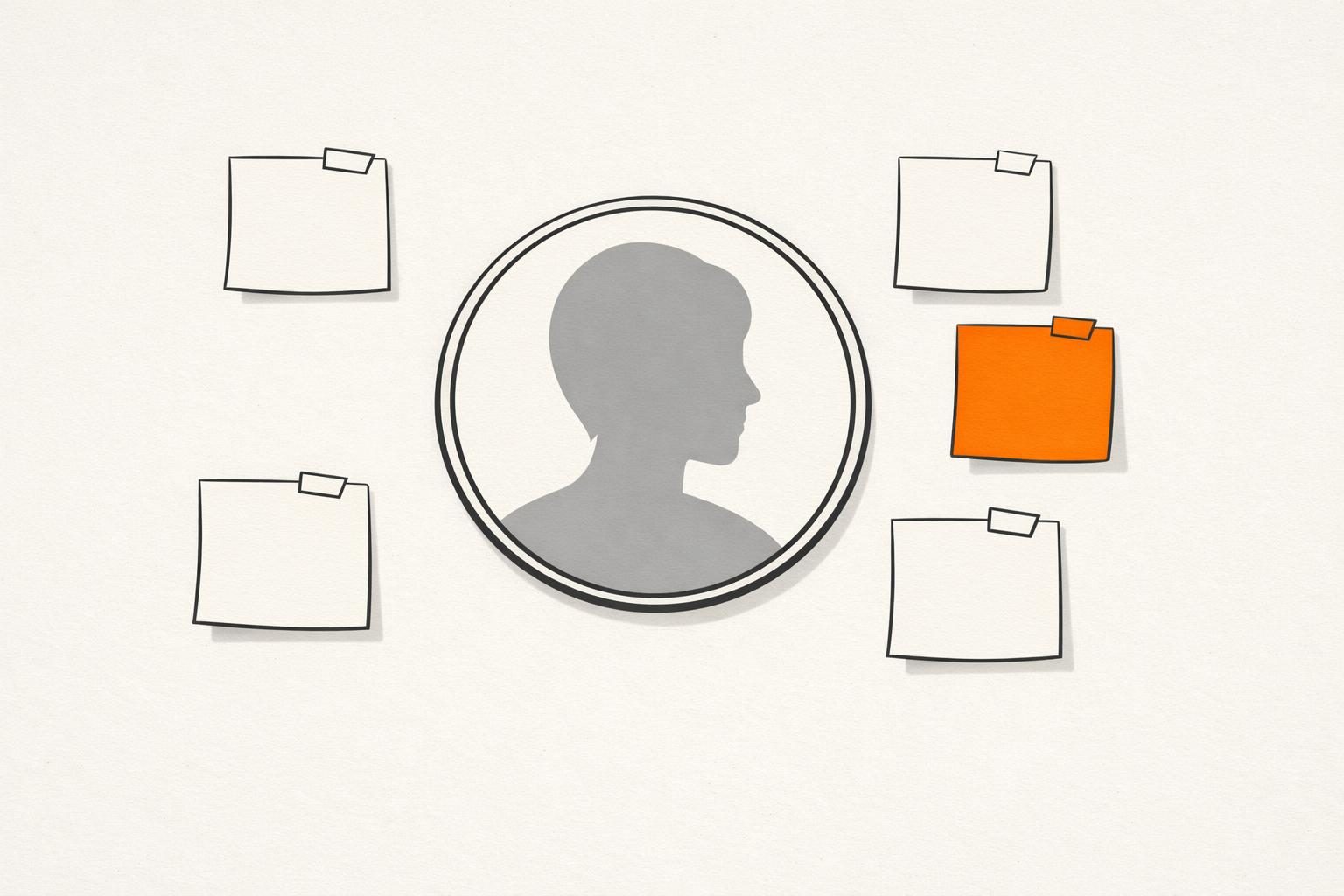 Gezeichnete Illustration: eine graue, gesichtslose Profil-Silhouette in einem runden Rahmen, umgeben von fünf angehefteten Notizzetteln, von denen einer orange hervorgehoben ist