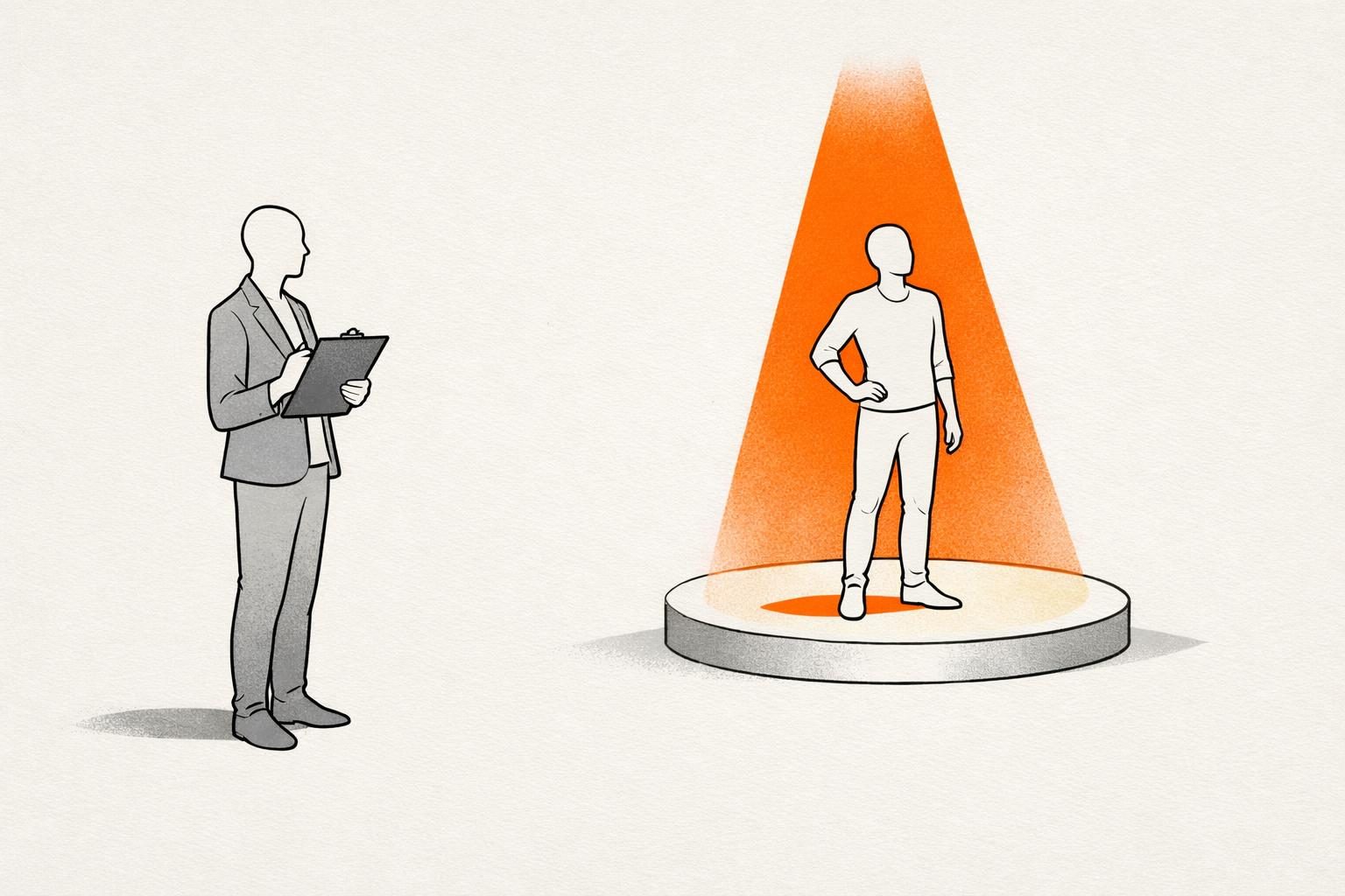 Illustration · Eine gesichtslose Figur steht seitlich neben einer zweiten, die im Licht eines orangen Scheinwerfers steht, und hält einen Notizblock, als Bild für den Personal Brand Manager, der die Marke eines anderen Menschen führt.