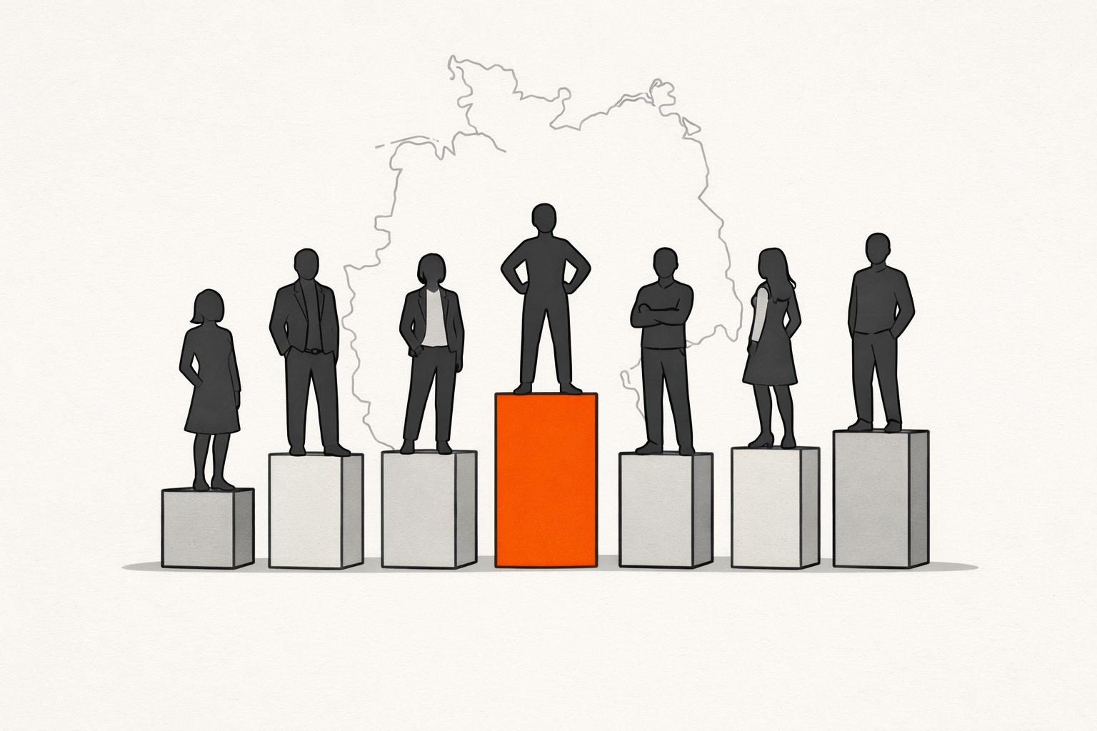 Illustration · sieben gesichtslose Silhouetten auf einzelnen Sockeln unterschiedlicher Höhe vor einer Landkarte Deutschlands, ein Sockel orange hervorgehoben