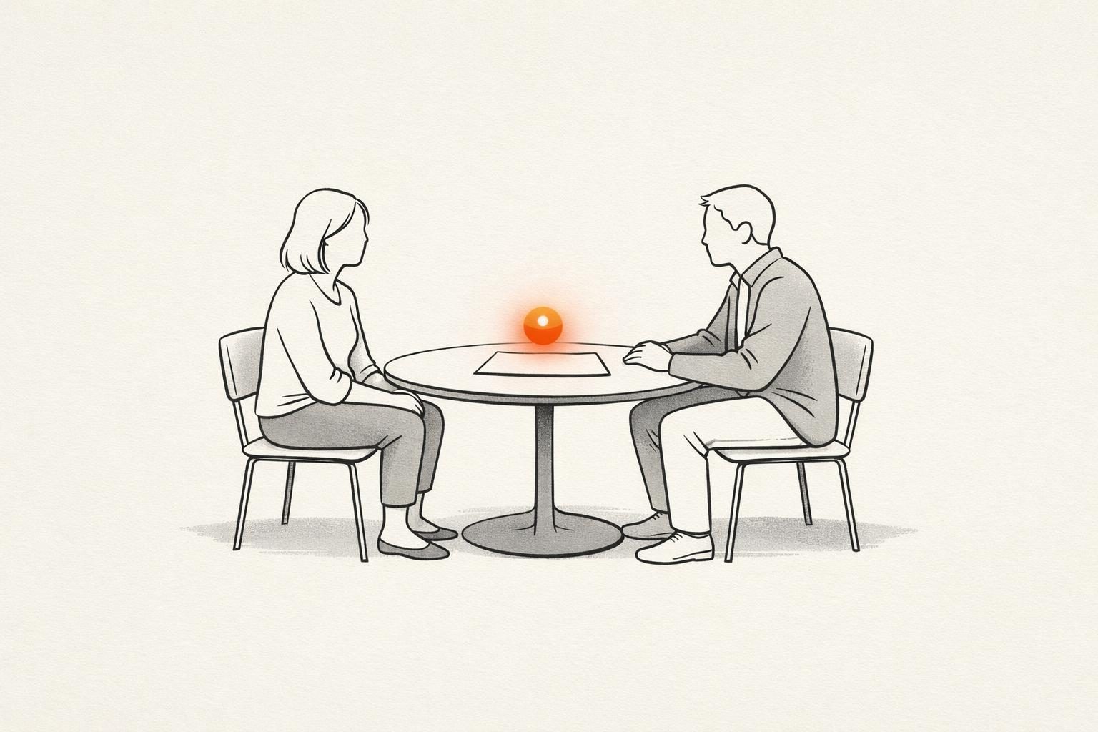 Illustration · Zwei gesichtslose Figuren aus feinen Linien sitzen sich an einem kleinen Tisch gegenüber, zwischen ihnen liegt ein Blatt, über dem ein oranger Punkt leuchtet, als Bild für Personal Branding für Berater und Coaches.