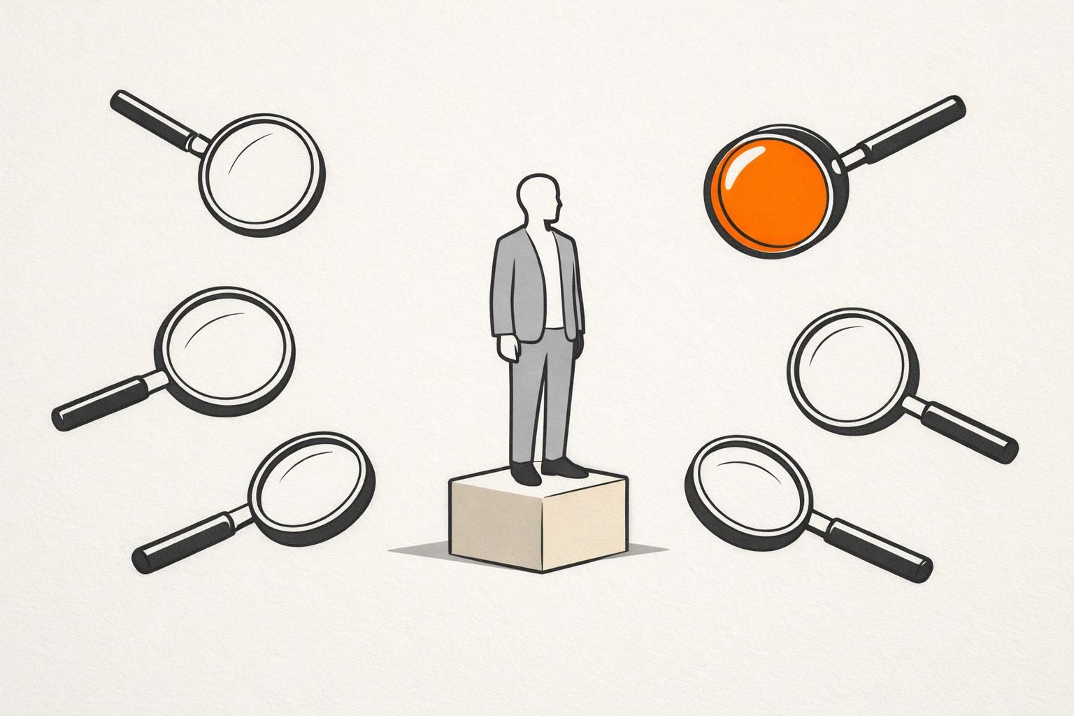 Illustration · Eine gesichtslose Figur steht ruhig auf einem kleinen Podest, während mehrere Lupen aus verschiedenen Richtungen auf sie zeigen, eine Lupe ist orange, als Bild für eine Bewerberin, die gefunden wird statt zu suchen.