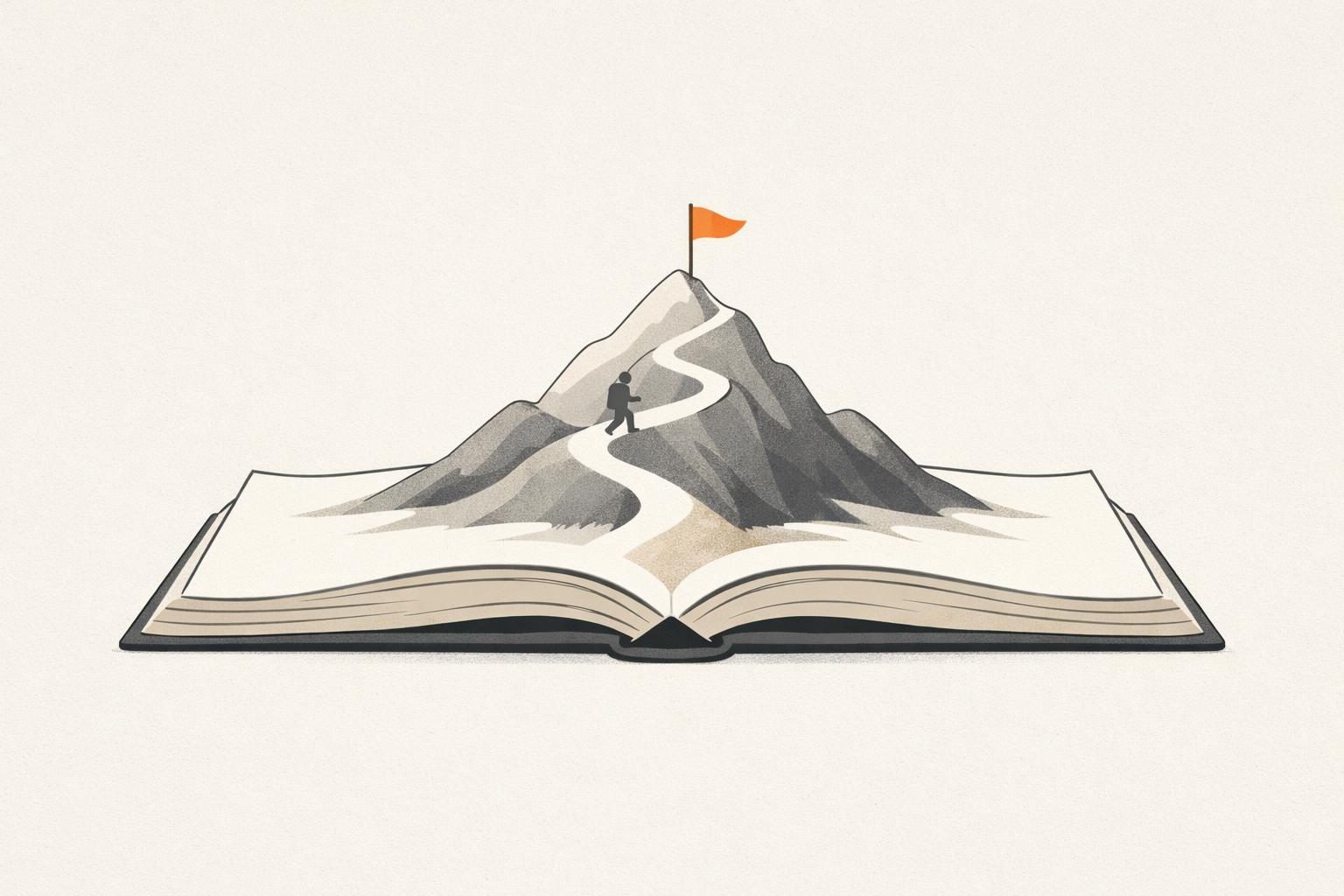 Gezeichnete Illustration: Aus einem aufgeschlagenen Buch wächst ein Berg, eine kleine Figur wandert einen geschwungenen Pfad hinauf zum Gipfel mit einer orangen Fahne.