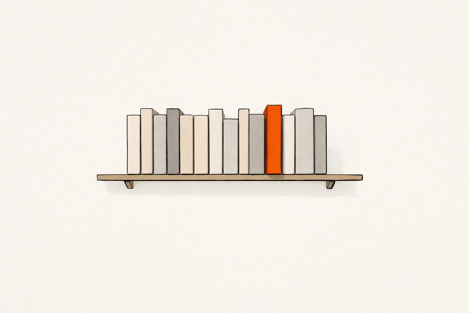 Illustration · Ein schlichtes Regalbrett aus feinen Linien mit zehn aufrecht stehenden Büchern ohne Titel, eines davon mit orangem Rücken leicht herausgezogen, als Bild für die wichtigsten Personal Branding Bücher.
