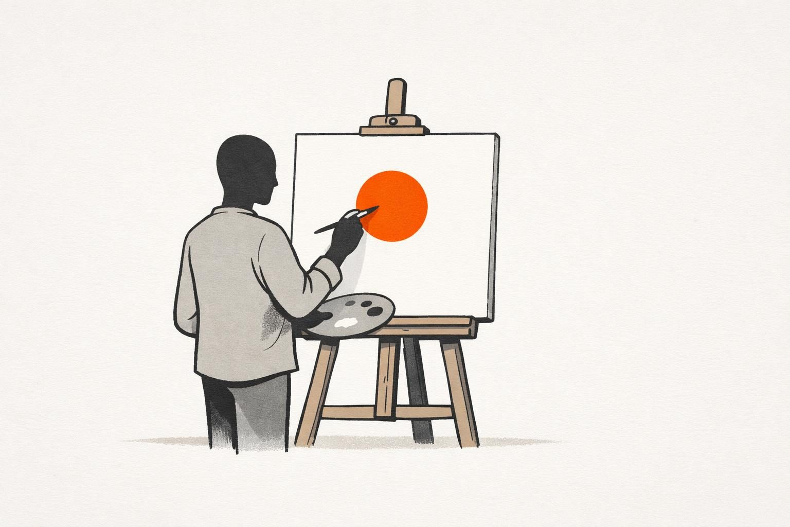 Zeichnung einer Person von hinten an einer Staffelei, die mit Pinsel und Farbpalette einen großen orangen Kreis auf eine leere Leinwand malt