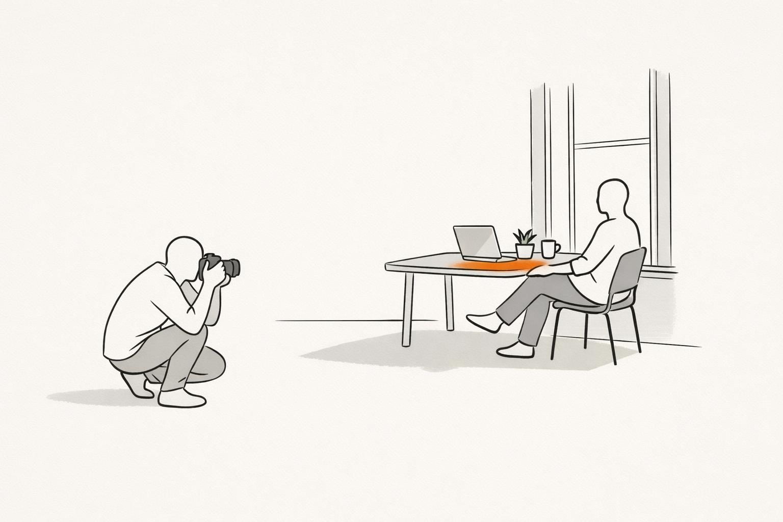 Illustration · Eine gesichtslose Figur sitzt entspannt an einem Arbeitstisch am Fenster, davor eine zweite Figur mit Kamera in der Hocke, ein einzelner oranger Lichtfleck fällt auf den Tisch, als Bild für Personal Branding Fotografie, die Menschen bei ihrer Arbeit zeigt.