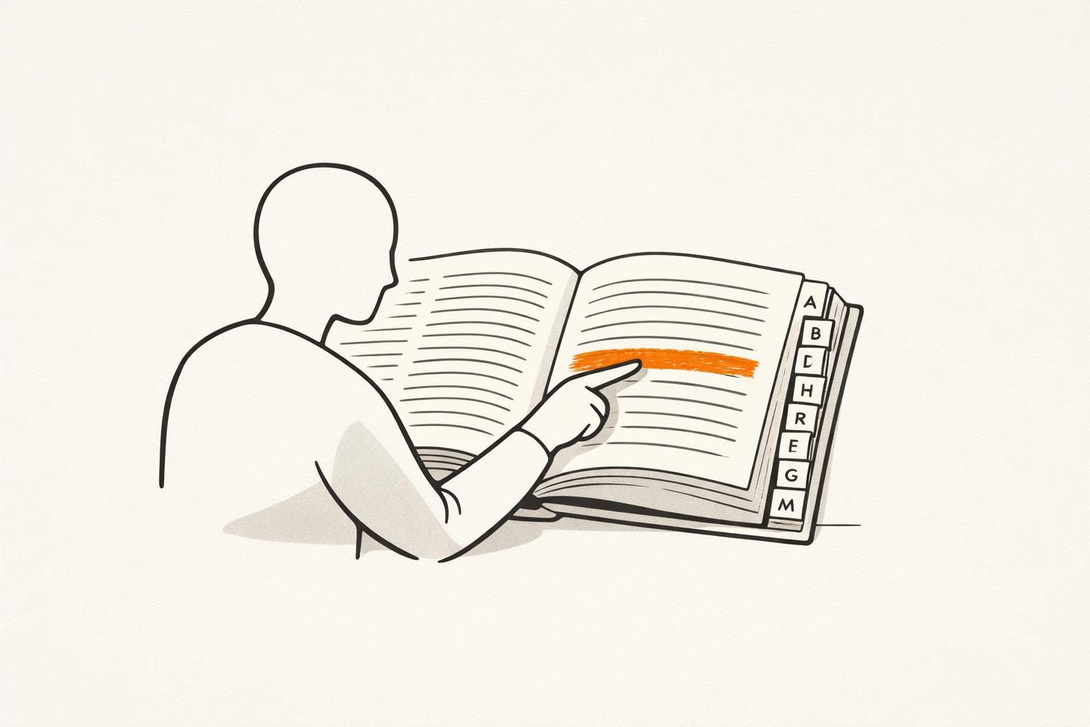 Illustration · Ein aufgeschlagenes Nachschlagewerk mit alphabetischen Griffregistern am Seitenrand, davor eine gesichtslose Figur, die mit dem Finger auf einen orange markierten Eintrag zeigt, als Bild für ein Glossar der Personal Branding Begriffe.